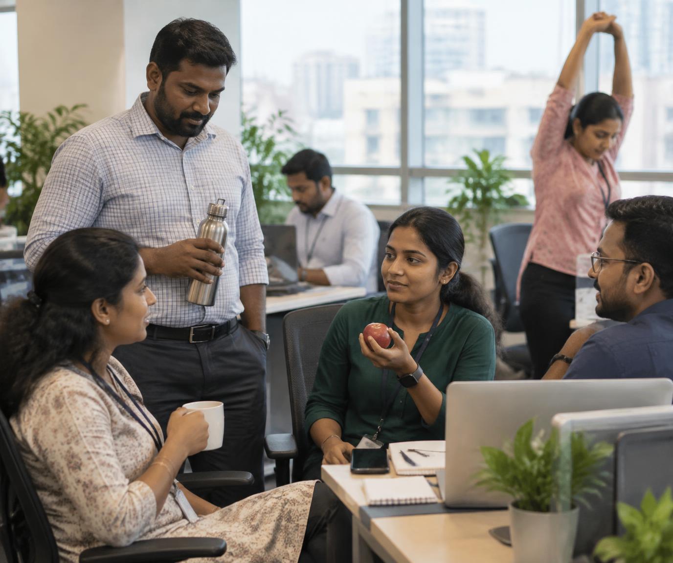 South Indian professionals taking a healthy break together in a modern workplace