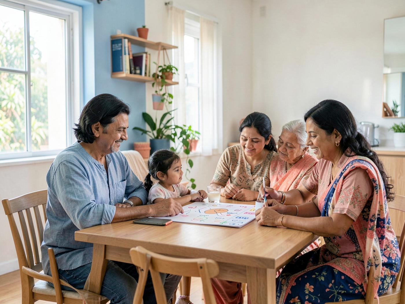 A multigenerational family sharing a calm daily habit activity at home