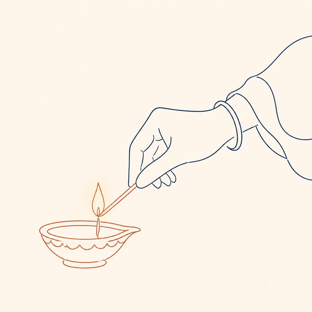 A hand lighting a small oil lamp