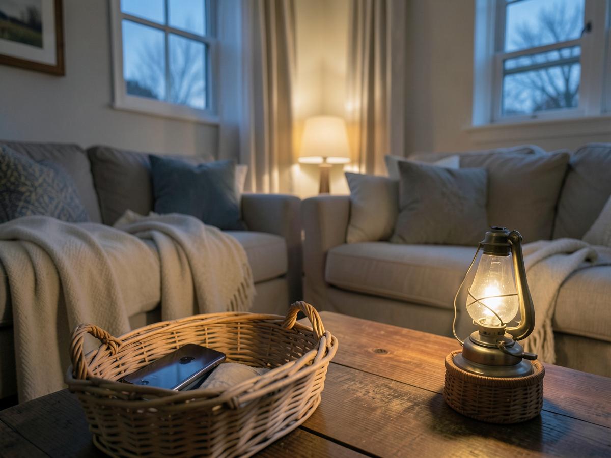 A calm family living room in the evening with phones set aside in a basket