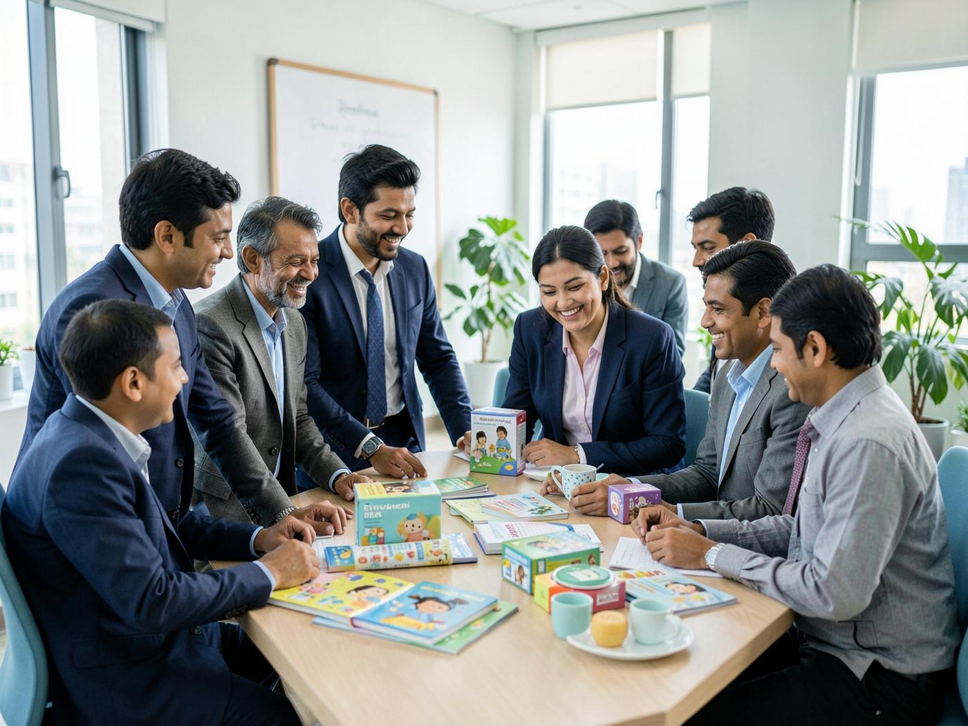 Business partners reviewing family-friendly educational and wellness products