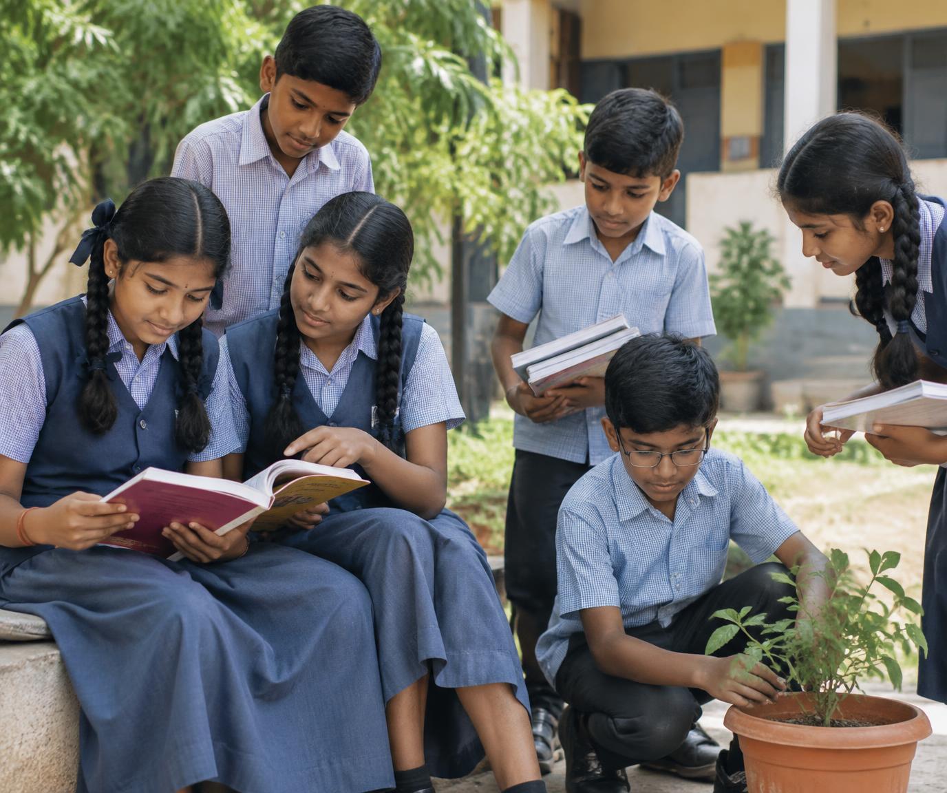 South Indian schoolchildren reading together and caring for a plant in their school courtyard