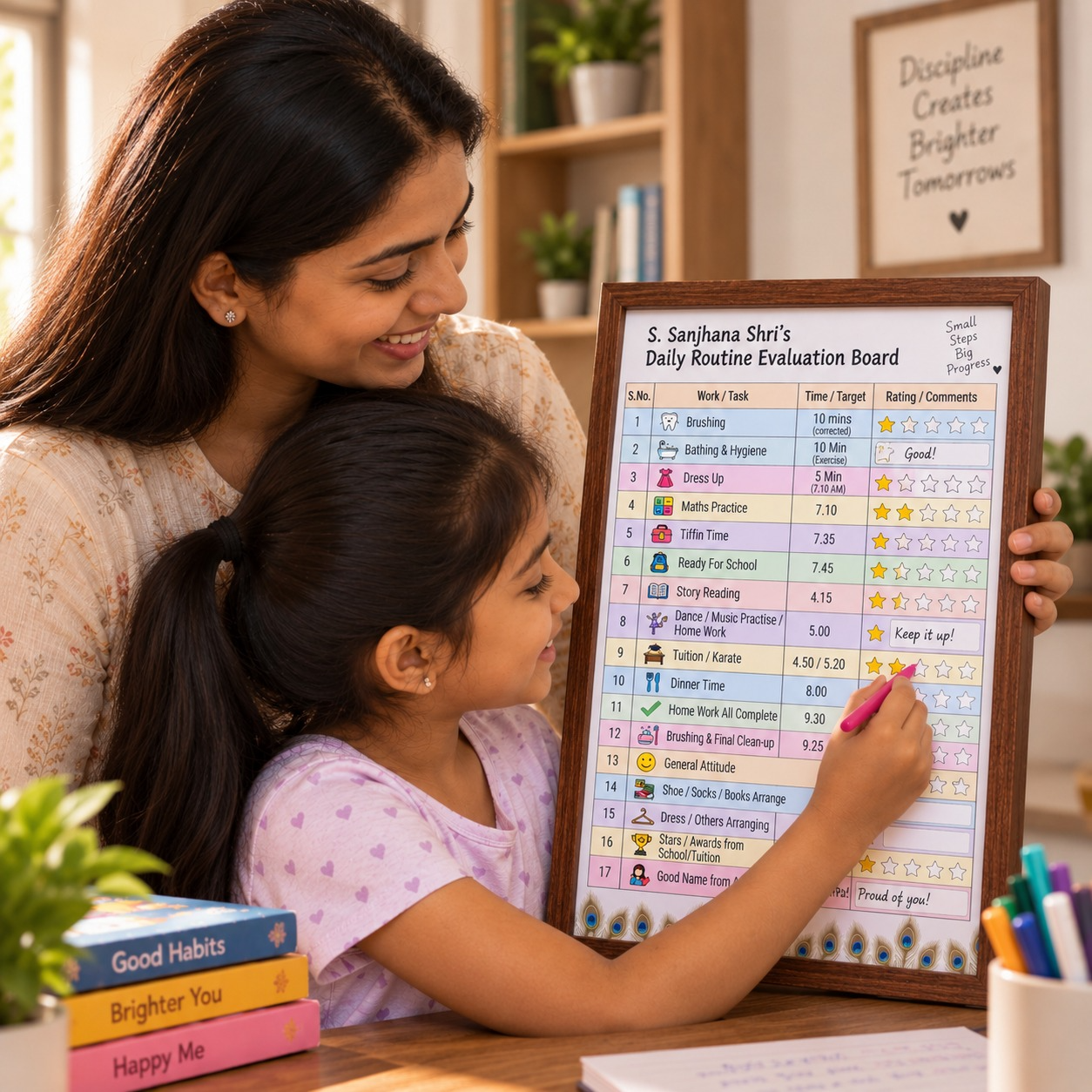 A mother and daughter using their Ennotraan daily routine evaluation board together
